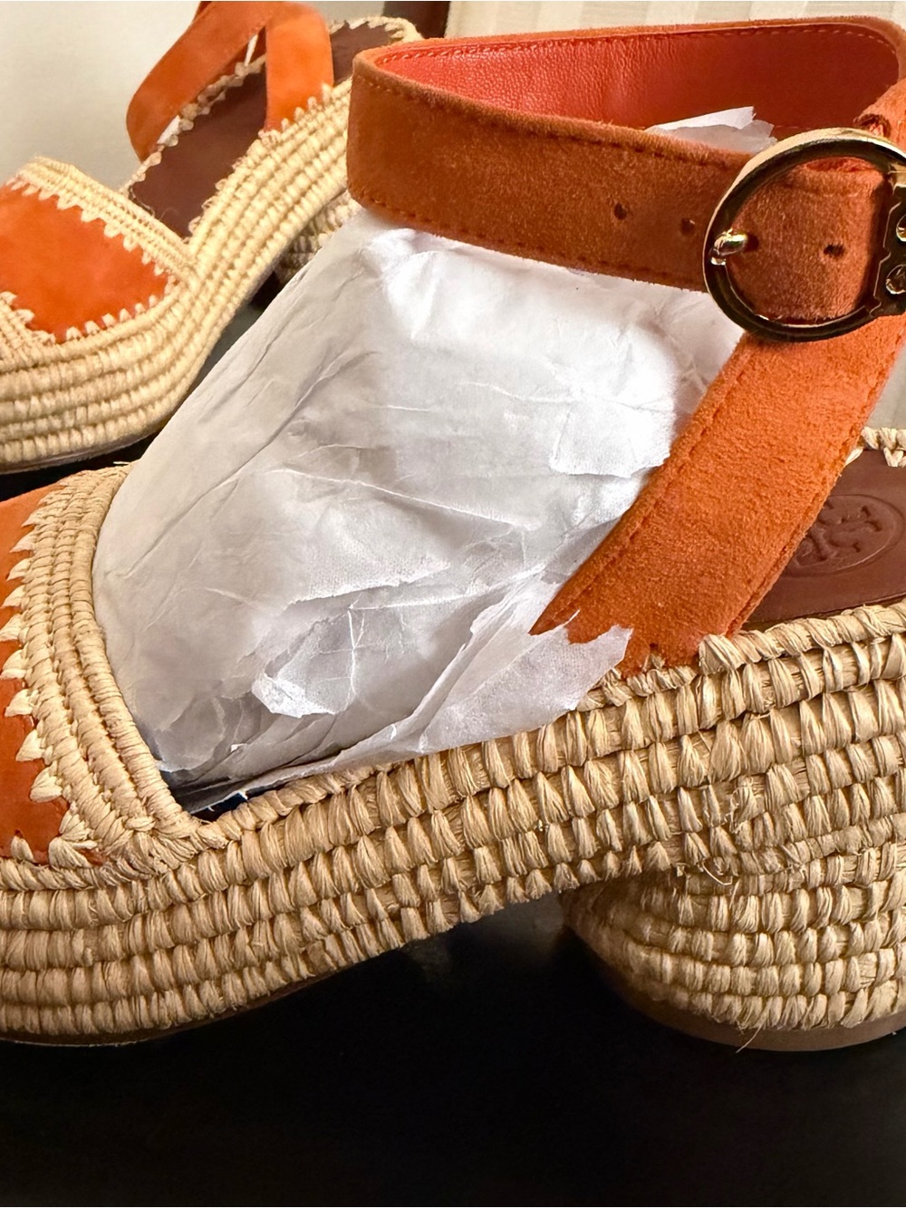 Tory Burch Orange Suede Espadrille Wedge Sandals with Ankle Strap - Picture 3 of 16